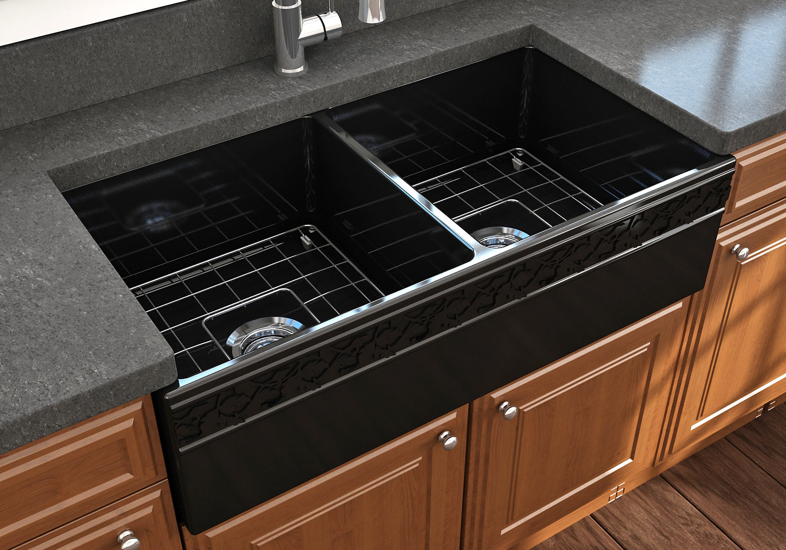 BOCCHI Vigneto 36" Fireclay Farmhouse Apron 50/50 Double Bowl Kitchen Sink, Black, 1351-005-0120