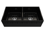 BOCCHI Vigneto 36" Fireclay Farmhouse Apron 50/50 Double Bowl Kitchen Sink, Black, 1351-005-0120