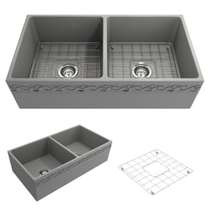 Alternate Image for BOCCHI Vigneto 36" Fireclay Farmhouse Apron 50/50 Double Bowl Kitchen Sink, Matte Gray, 1351-006-0120