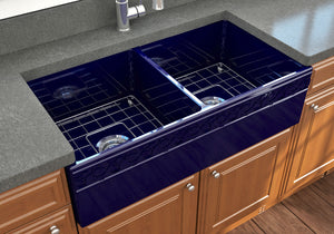 Alternate Image for BOCCHI Vigneto 36" Fireclay Farmhouse Apron 50/50 Double Bowl Kitchen Sink, Sapphire Blue, 1351-010-0120