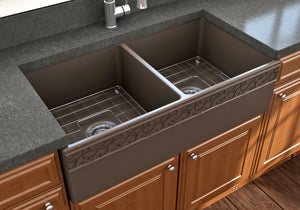 Alternate Image for BOCCHI Vigneto 36" Fireclay Farmhouse Apron 50/50 Double Bowl Kitchen Sink, Matte Brown, 1351-025-0120