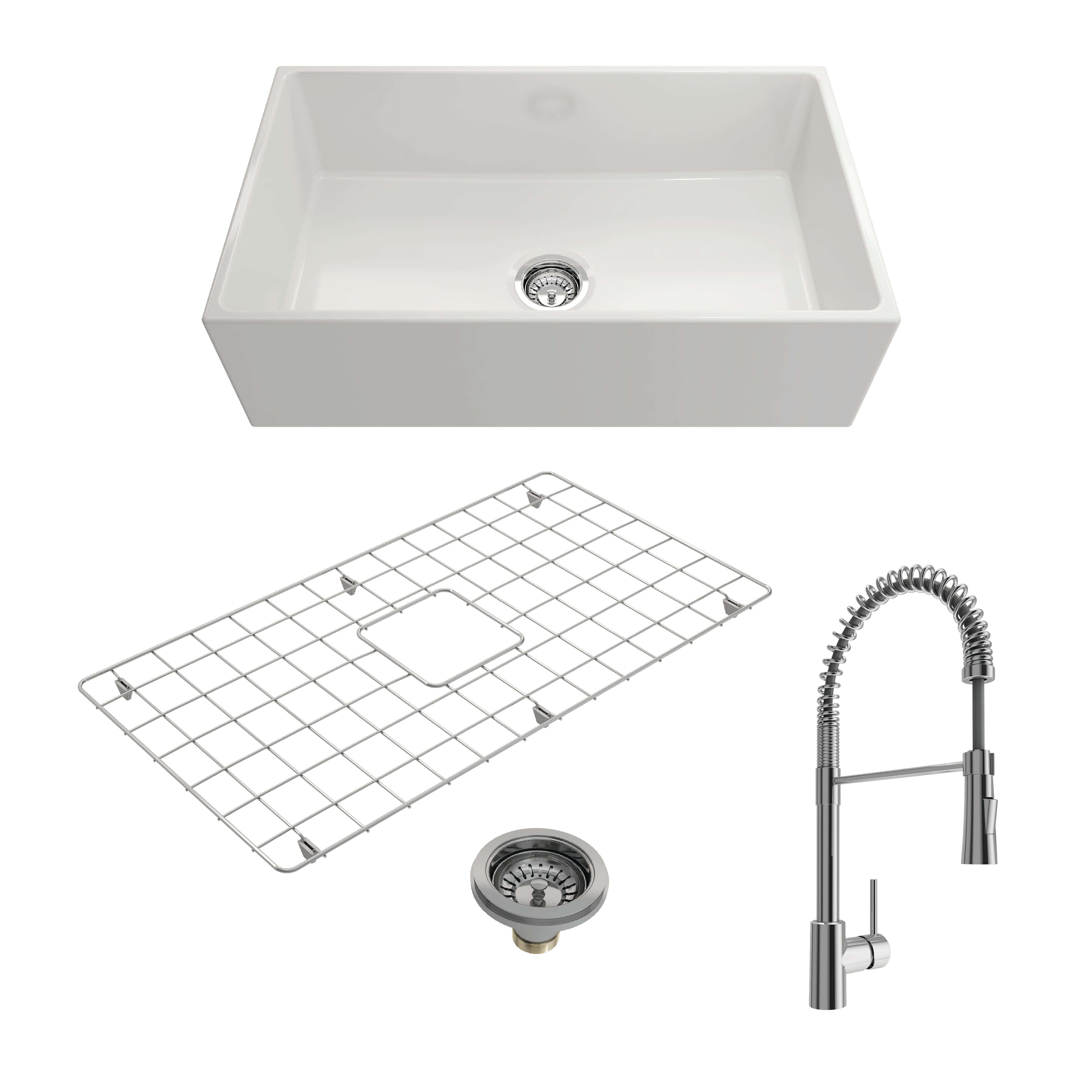 BOCCHI Contempo 33" Fireclay Farmhouse Sink Kit with Faucet and Accessories, White (sink) / Chrome (faucet), 1352-001-2020CH