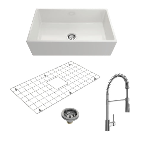 BOCCHI Contempo 33" Fireclay Farmhouse Sink Kit with Faucet and Accessories, White (sink) / Chrome (faucet), 1352-001-2020CH