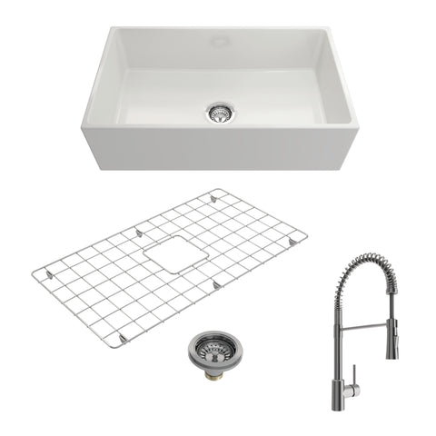 BOCCHI Contempo 33" Fireclay Farmhouse Sink Kit with Faucet and Accessories, White (sink) / Stainless Steel (faucet), 1352-001-2020SS