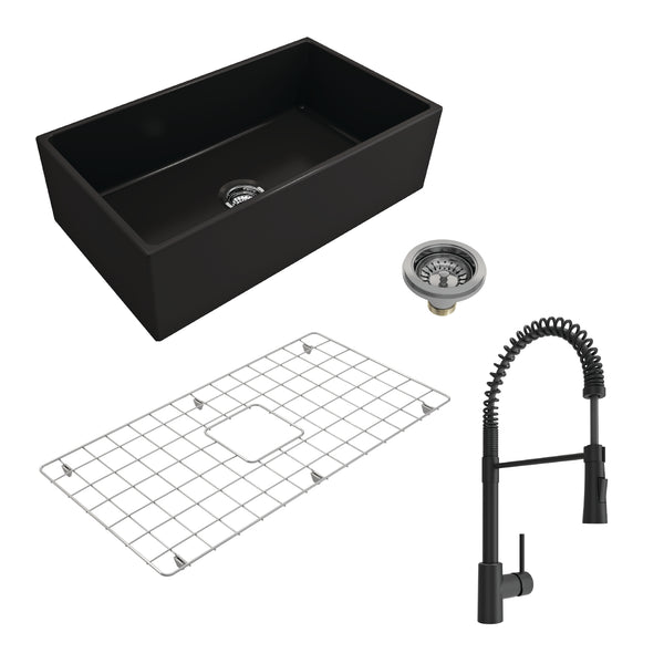 BOCCHI Contempo 33" Fireclay Farmhouse Sink Kit with Faucet and Accessories, Matte Black (sink) / Matte Black (faucet), 1352-004-2020MB