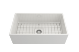 BOCCHI Contempo 33" Fireclay Farmhouse Apron Single Bowl Kitchen Sink, White, 1352-001-0120 with Grid Straight View | The Sink Boutique
