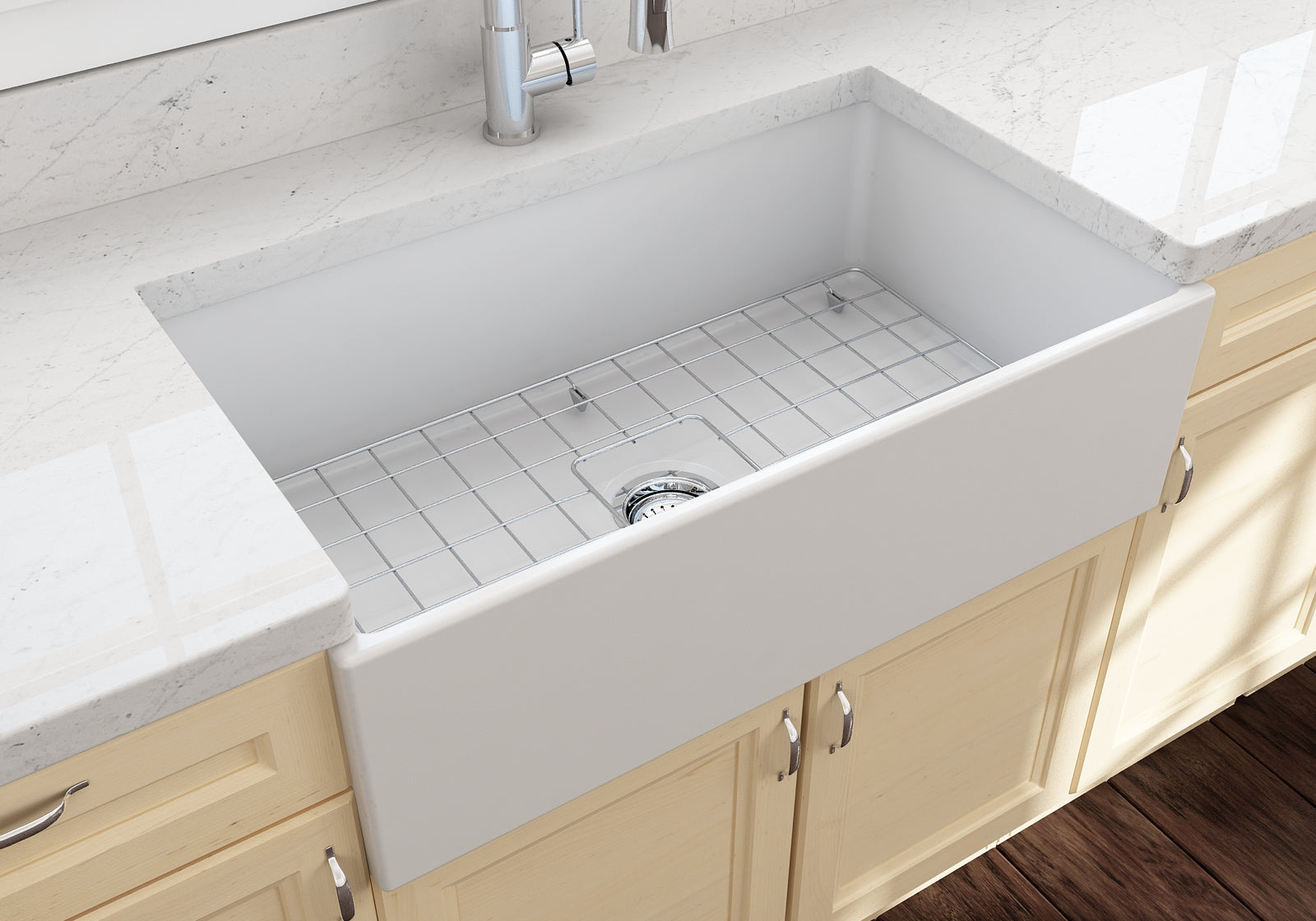 BOCCHI Contempo 33" Fireclay Farmhouse Apron Single Bowl Kitchen Sink, Matte White, 1352-002-0120