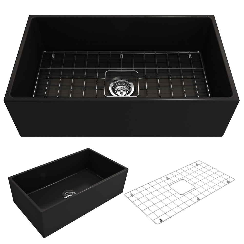 BOCCHI Contempo 33" Fireclay Farmhouse Apron Single Bowl Kitchen Sink, Matte Black, 1352-004-0120
