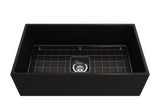 BOCCHI Contempo 33" Fireclay Farmhouse Apron Single Bowl Kitchen Sink, Matte Black, 1352-004-0120 with Grid Angled View | The Sink Boutique
