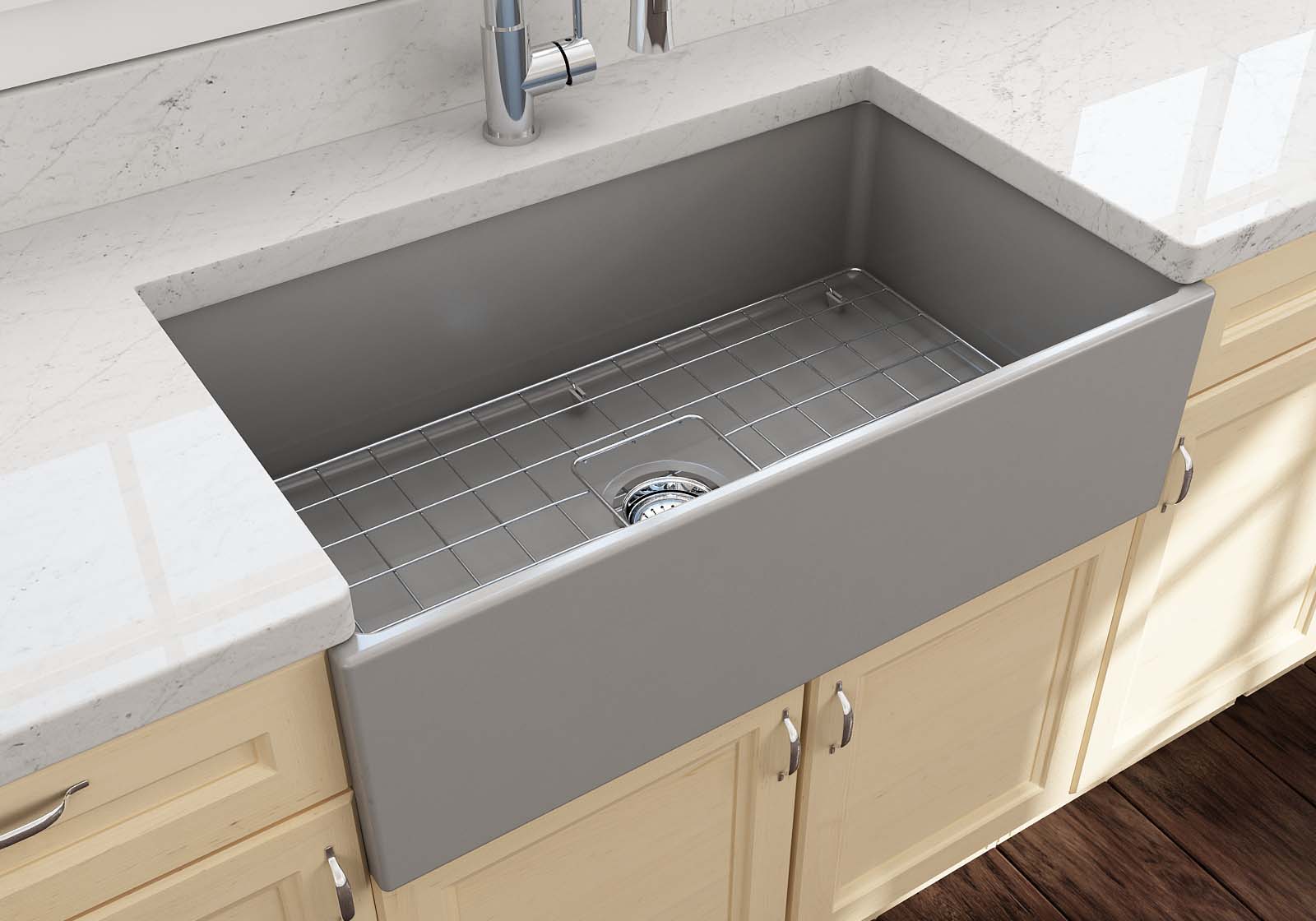 BOCCHI Contempo 33" Fireclay Farmhouse Apron Single Bowl Kitchen Sink, Matte Gray, 1352-006-0120