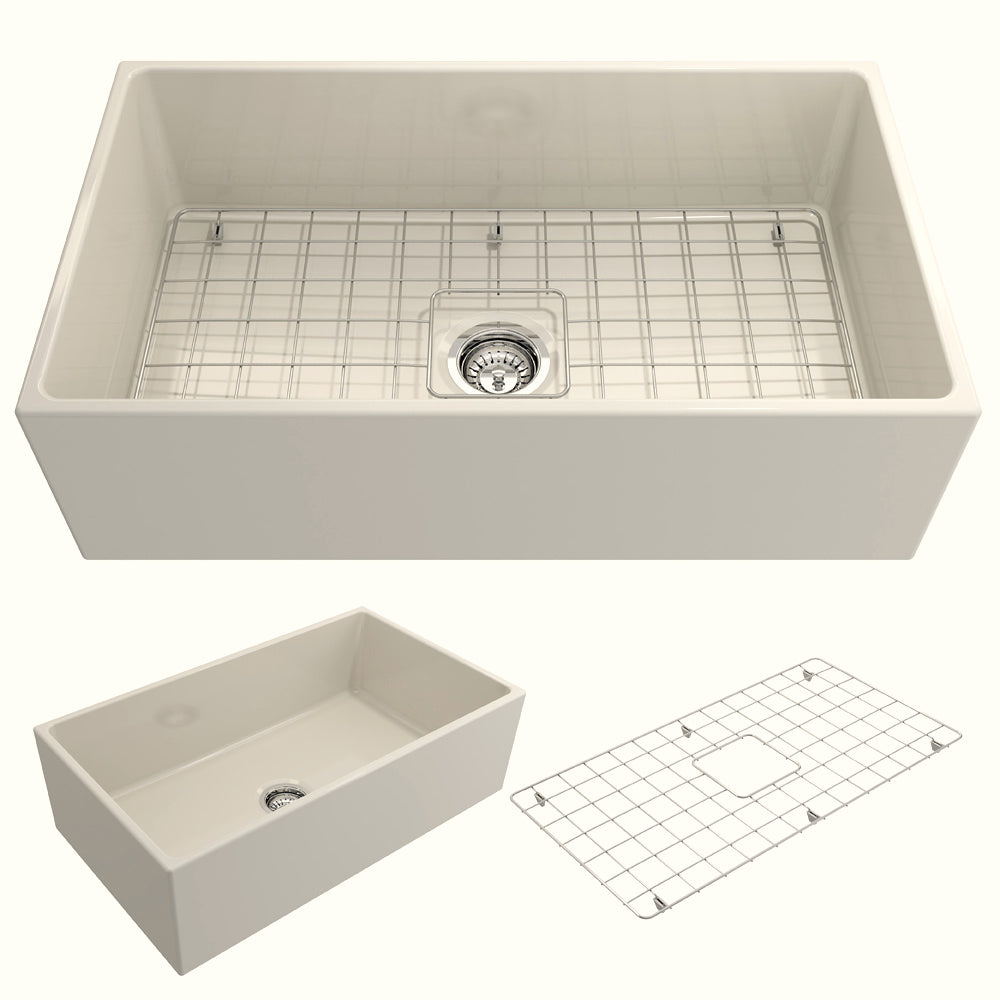 BOCCHI Contempo 33" Fireclay Farmhouse Apron Single Bowl Kitchen Sink, Biscuit, 1352-014-0120