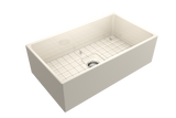 BOCCHI Contempo 33" Fireclay Farmhouse Apron Single Bowl Kitchen Sink, Biscuit, 1352-014-0120 with Grid Straight View | The Sink Boutique