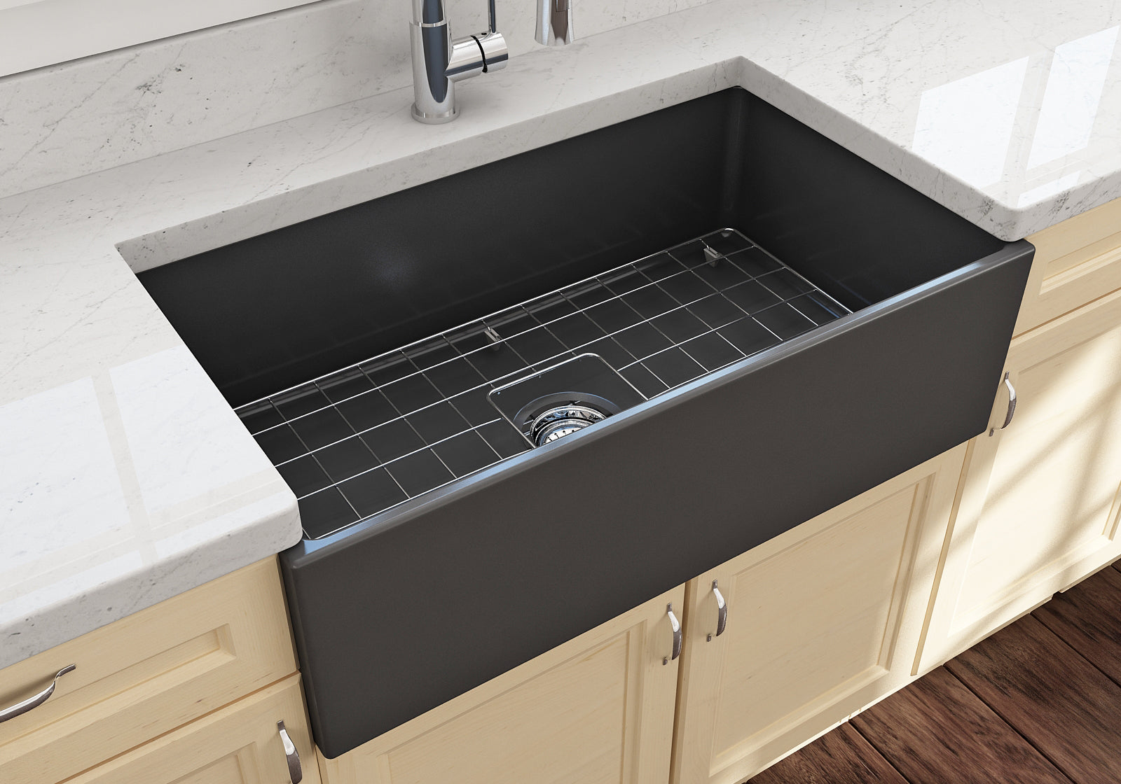 BOCCHI Contempo 33" Fireclay Farmhouse Apron Single Bowl Kitchen Sink, Matte Dark Gray, 1352-020-0120