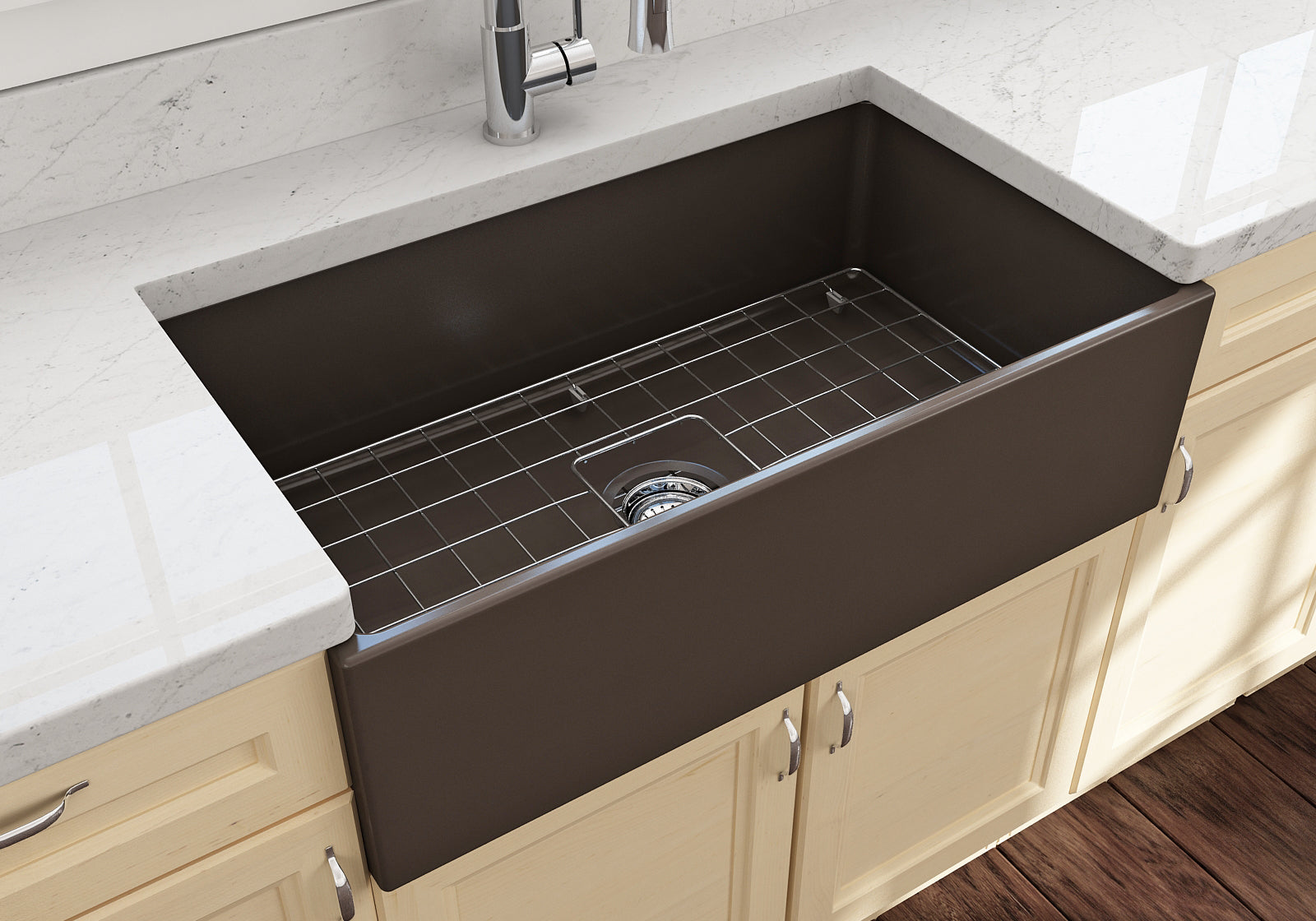 BOCCHI Contempo 33" Fireclay Farmhouse Apron Single Bowl Kitchen Sink, Matte Brown, 1352-025-0120