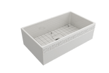 BOCCHI Vigneto 33" Fireclay Farmhouse Apron Single Bowl Kitchen Sink, White, 1353-001-0120 with Grid Angled View | The Sink Boutique