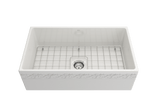 BOCCHI Vigneto 33" Fireclay Farmhouse Apron Single Bowl Kitchen Sink, White, 1353-001-0120 with Grid Straight View | The Sink Boutique