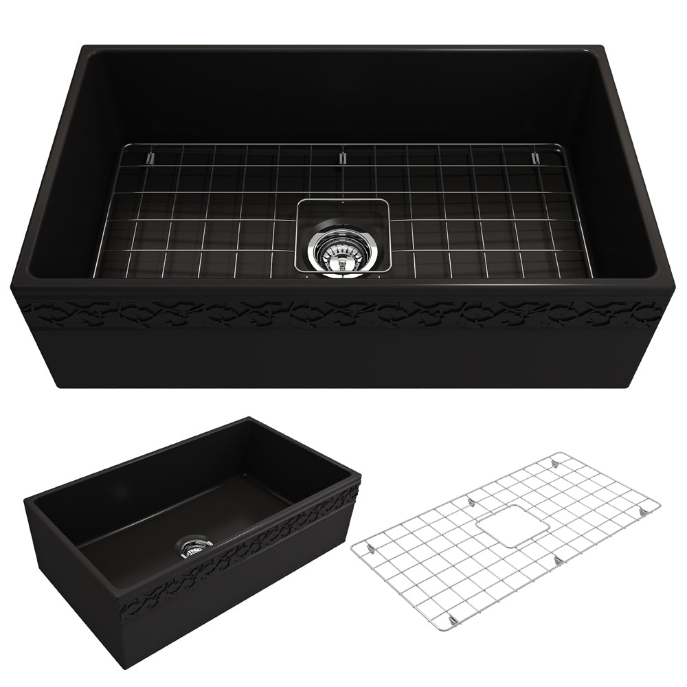 BOCCHI Vigneto 33" Fireclay Farmhouse Apron Single Bowl Kitchen Sink, Matte Black, 1353-004-0120
