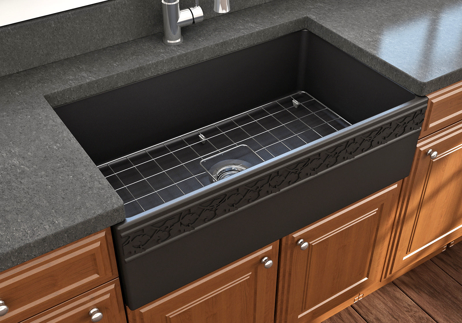 BOCCHI Vigneto 33" Fireclay Farmhouse Apron Single Bowl Kitchen Sink, Matte Black, 1353-004-0120