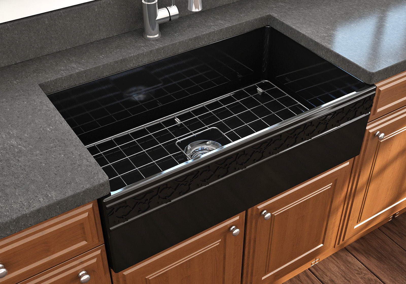 BOCCHI Vigneto 33" Fireclay Farmhouse Apron Single Bowl Kitchen Sink, Black, 1353-005-0120