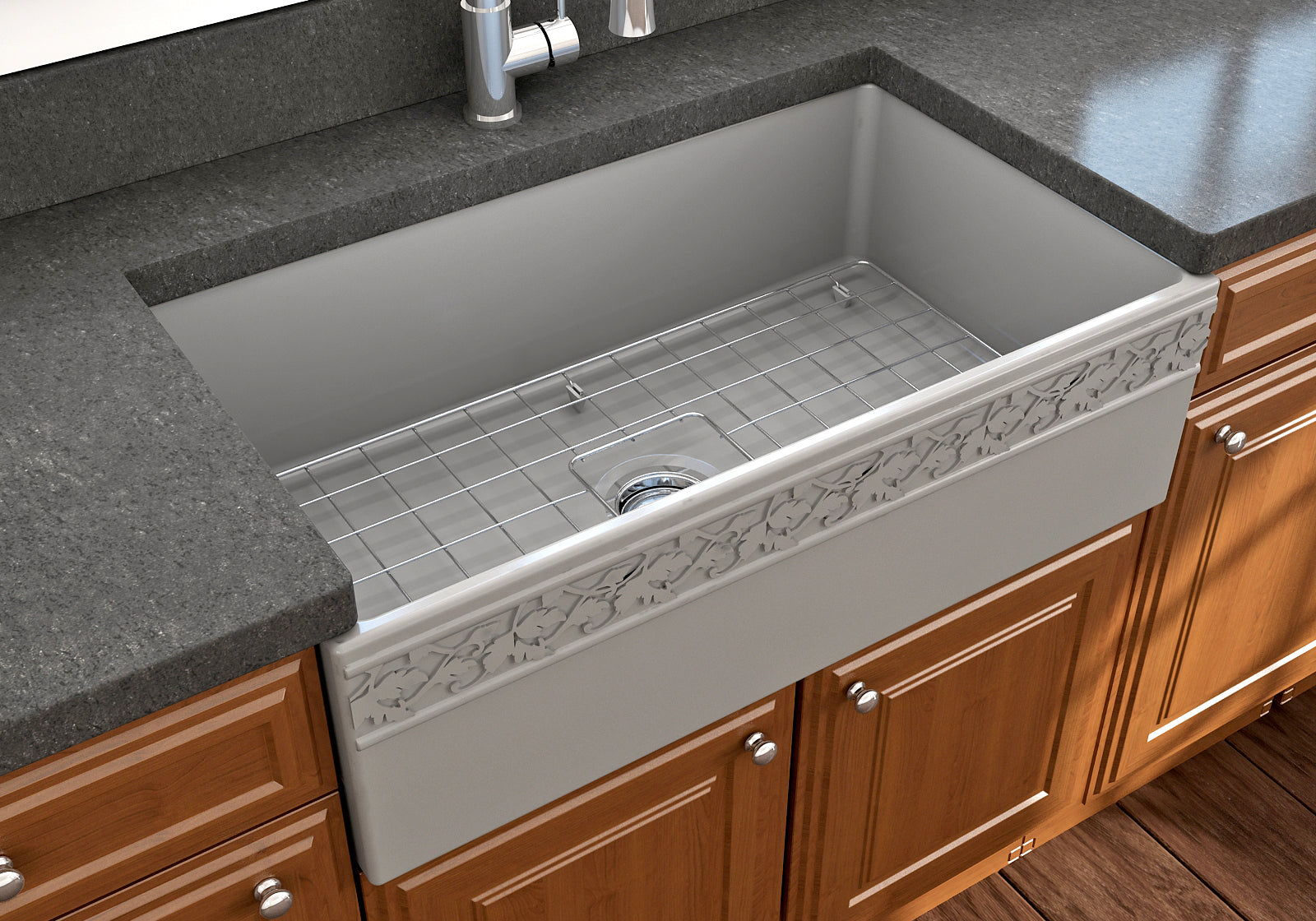 BOCCHI Vigneto 33" Fireclay Farmhouse Apron Single Bowl Kitchen Sink, Matte Gray, 1353-006-0120
