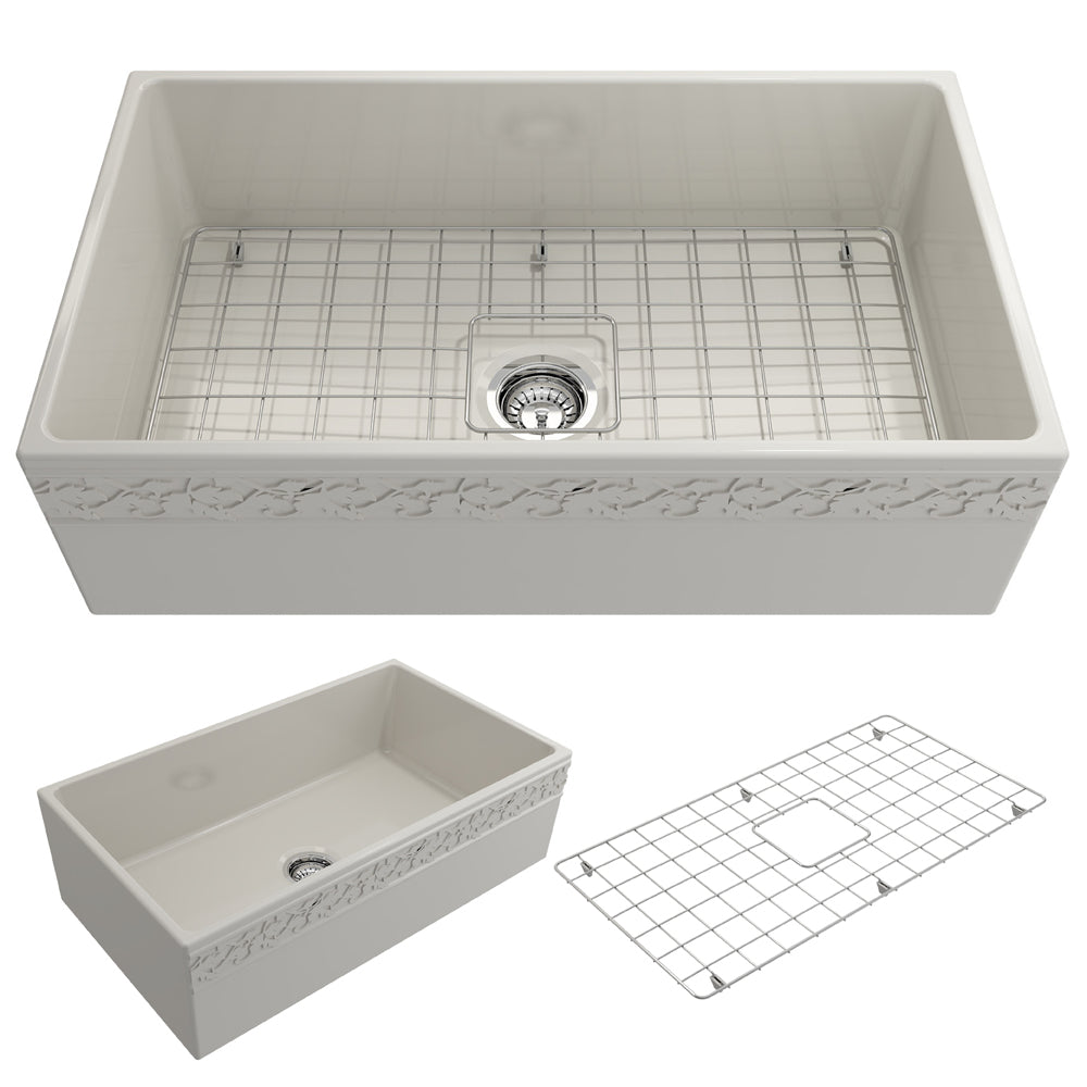 BOCCHI Vigneto 33" Fireclay Farmhouse Apron Single Bowl Kitchen Sink, Biscuit, 1353-014-0120