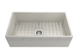 BOCCHI Vigneto 33" Fireclay Farmhouse Apron Single Bowl Kitchen Sink, Biscuit, 1353-014-0120 with Grid Straight View | The Sink Boutique