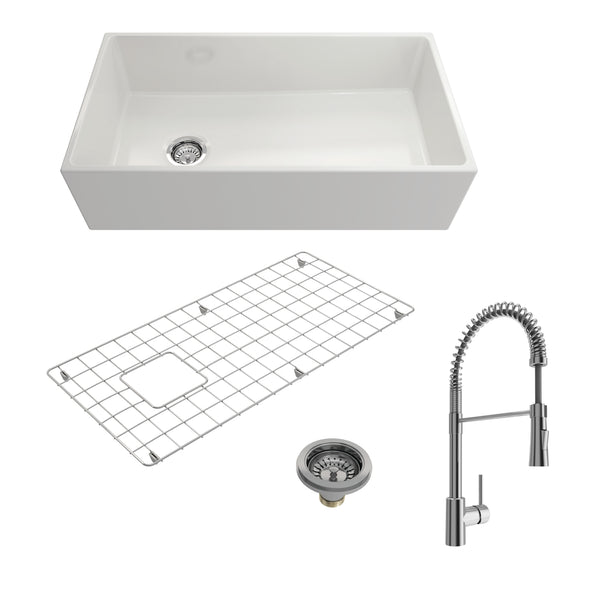 BOCCHI Contempo 36" Fireclay Farmhouse Sink Kit with Faucet and Accessories, White (sink) / Chrome (faucet), 1354-001-2020CH