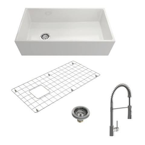 BOCCHI Contempo 36" Fireclay Farmhouse Sink Kit with Faucet and Accessories, White (sink) / Stainless Steel (faucet), 1354-001-2020SS