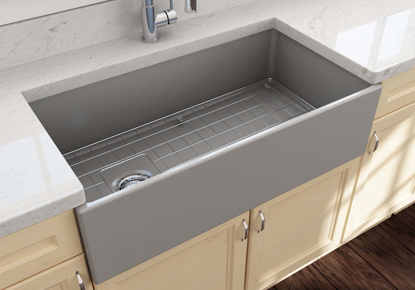 BOCCHI Contempo 36" Fireclay Farmhouse Apron Single Bowl Kitchen Sink, Matte Gray, 1354-006-0120