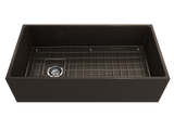 BOCCHI Contempo 36" Fireclay Farmhouse Apron Single Bowl Kitchen Sink, Matte Brown, 1354-025-0120 with Grid Angled View | The Sink Boutique