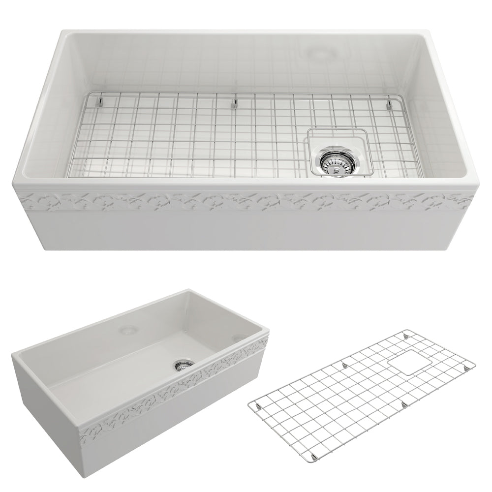 BOCCHI Vigneto 36" Fireclay Farmhouse Apron Single Bowl Kitchen Sink, White, 1355-001-0120