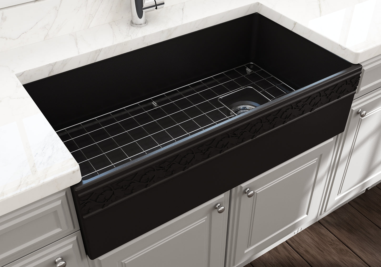 BOCCHI Vigneto 36" Fireclay Farmhouse Apron Single Bowl Kitchen Sink, Matte Black, 1355-004-0120