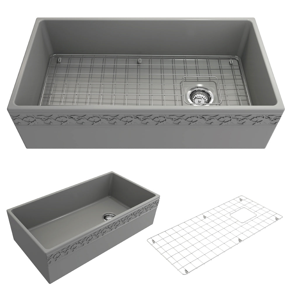 BOCCHI Vigneto 36" Fireclay Farmhouse Apron Single Bowl Kitchen Sink, Matte Gray, 1355-006-0120