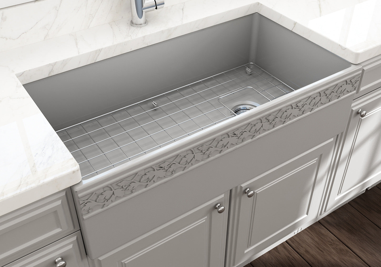 BOCCHI Vigneto 36" Fireclay Farmhouse Apron Single Bowl Kitchen Sink, Matte Gray, 1355-006-0120