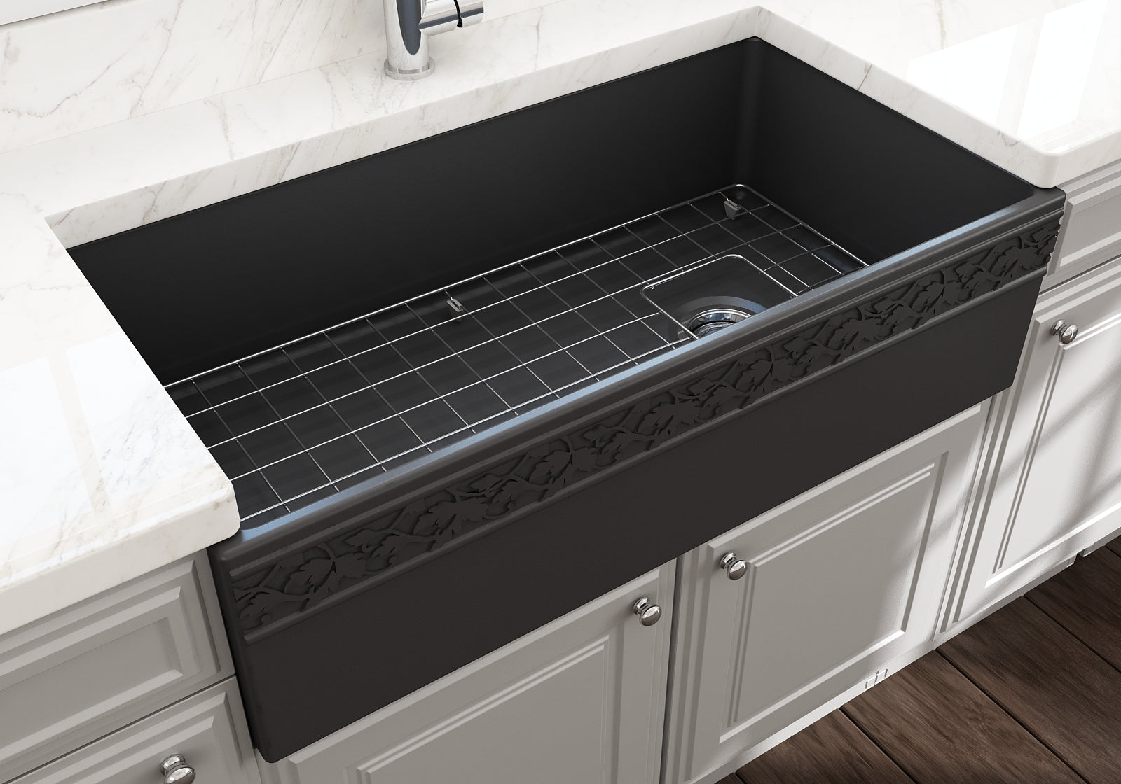 BOCCHI Vigneto 36" Fireclay Farmhouse Apron Single Bowl Kitchen Sink, Matte Dark Gray, 1355-020-0120