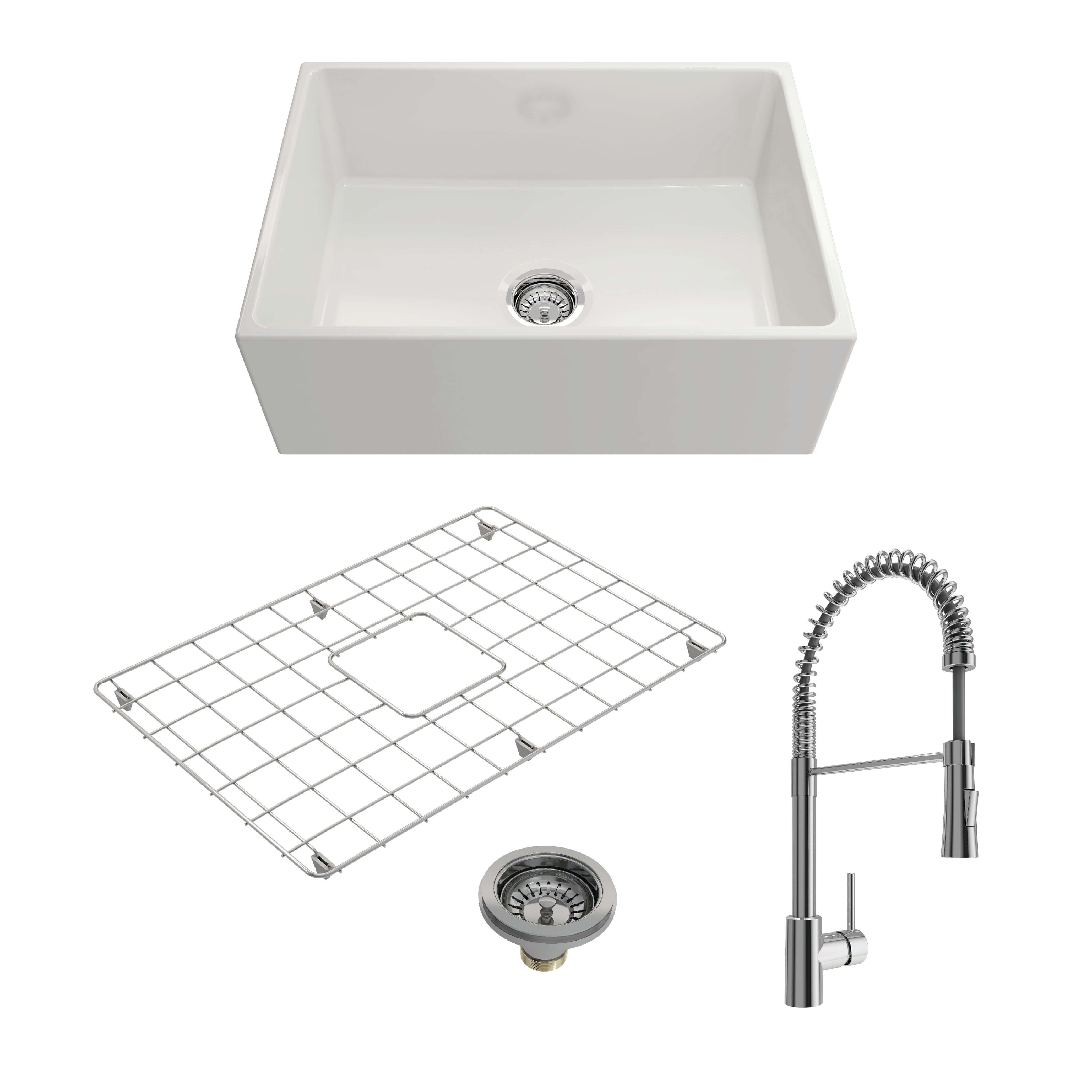 BOCCHI Contempo 27" Fireclay Farmhouse Sink Kit with Faucet and Accessories, White (sink) / Chrome (faucet), 1356-001-2020CH