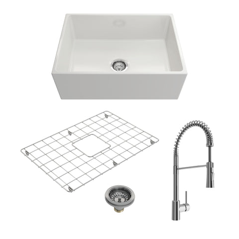 BOCCHI Contempo 27" Fireclay Farmhouse Sink Kit with Faucet and Accessories, White (sink) / Chrome (faucet), 1356-001-2020CH