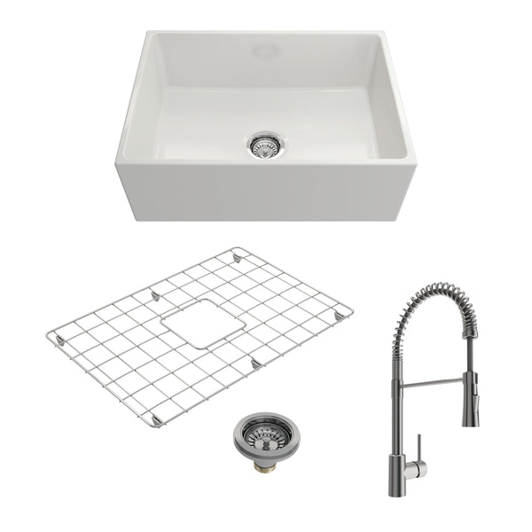 BOCCHI Contempo 27" Fireclay Farmhouse Sink Kit with Faucet and Accessories, White (sink) / Stainless Steel (faucet), 1356-001-2020SS