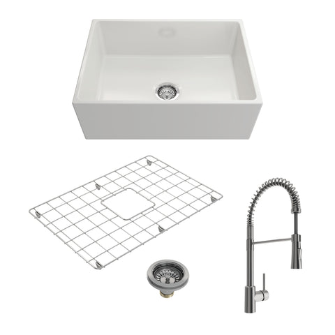 BOCCHI Contempo 27" Fireclay Farmhouse Sink Kit with Faucet and Accessories, White (sink) / Stainless Steel (faucet), 1356-001-2020SS