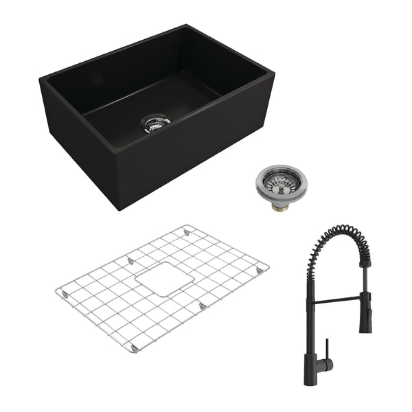 BOCCHI Contempo 27" Fireclay Farmhouse Sink Kit with Faucet and Accessories, Matte Black (sink) / Matte Black (faucet), 1356-004-2020MB