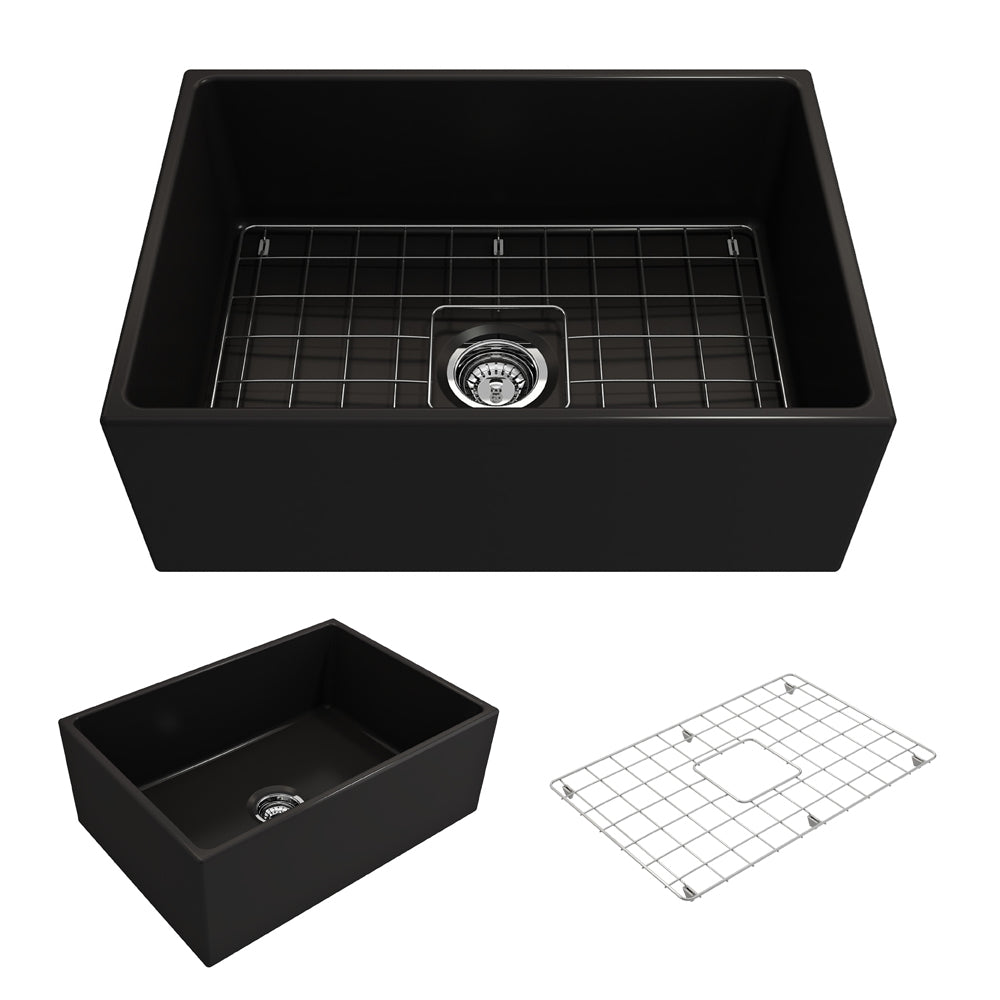 BOCCHI Contempo 27" Fireclay Farmhouse Apron Single Bowl Kitchen Sink, Matte Black, 1356-004-0120