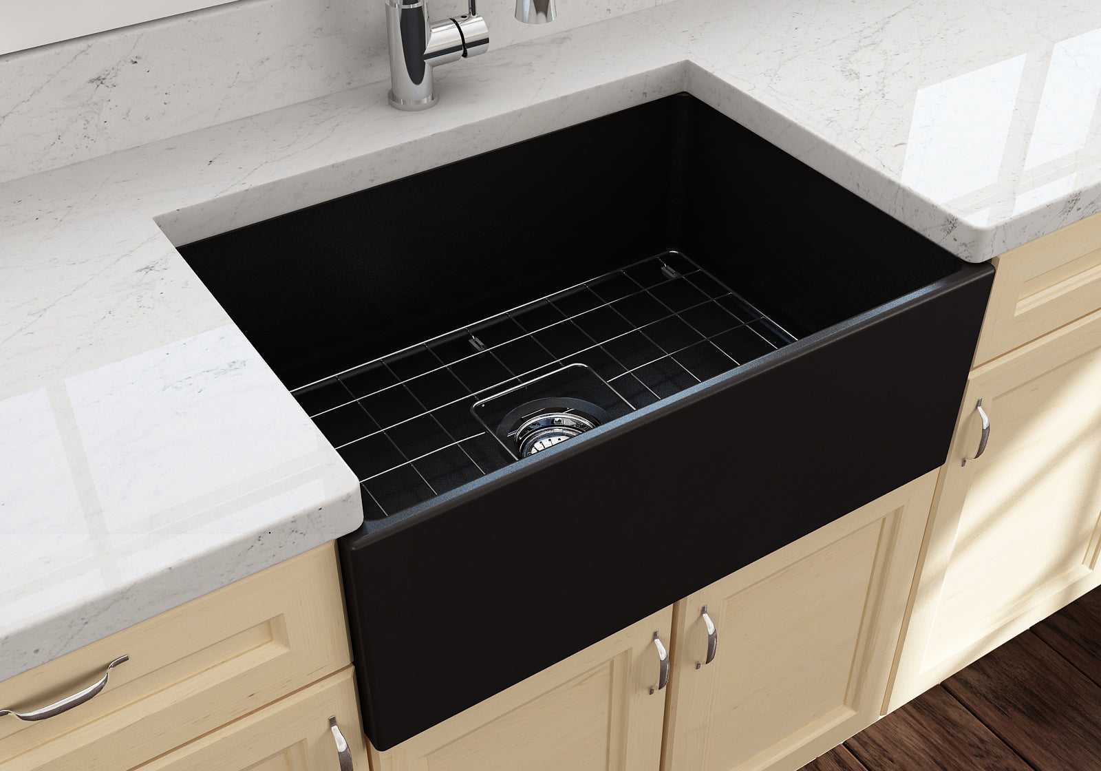 BOCCHI Contempo 27" Fireclay Farmhouse Apron Single Bowl Kitchen Sink, Matte Black, 1356-004-0120