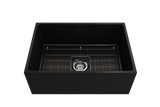 BOCCHI Contempo 27" Fireclay Farmhouse Apron Single Bowl Kitchen Sink, Matte Black, 1356-004-0120 with Grid Angled View | The Sink Boutique