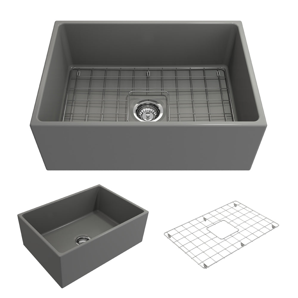BOCCHI Contempo 27" Fireclay Farmhouse Apron Single Bowl Kitchen Sink, Matte Gray, 1356-006-0120