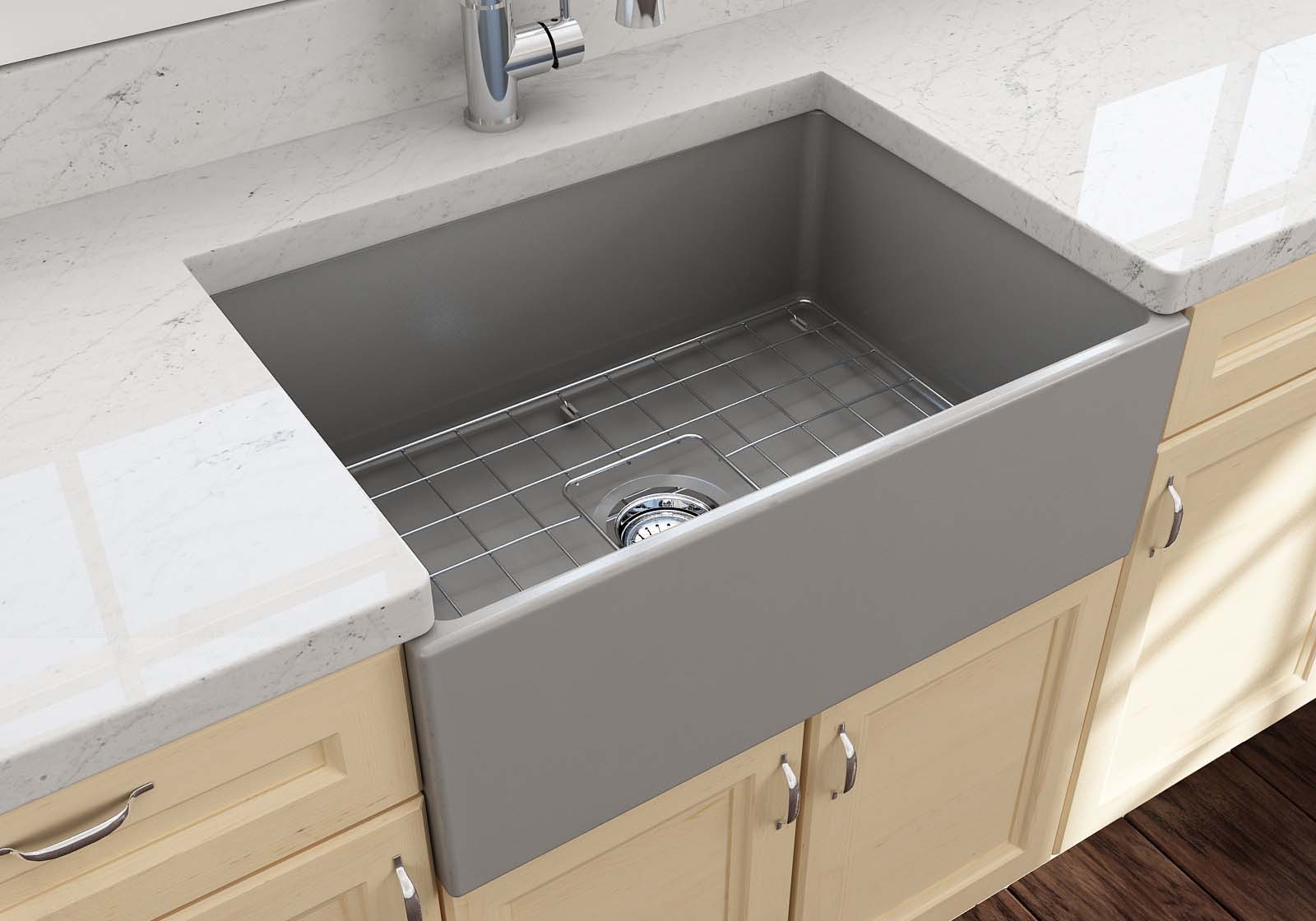 BOCCHI Contempo 27" Fireclay Farmhouse Apron Single Bowl Kitchen Sink, Matte Gray, 1356-006-0120