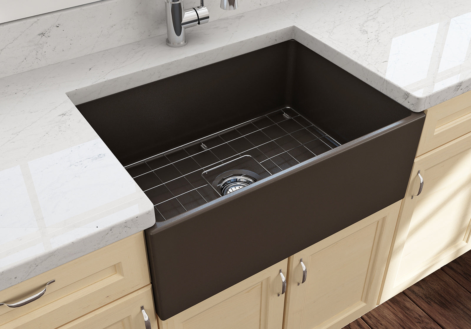 BOCCHI Contempo 27" Fireclay Farmhouse Apron Single Bowl Kitchen Sink, Matte Brown, 1356-025-0120