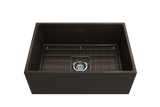 BOCCHI Contempo 27" Fireclay Farmhouse Apron Single Bowl Kitchen Sink, Matte Brown, 1356-025-0120 with Grid Angled View | The Sink Boutique