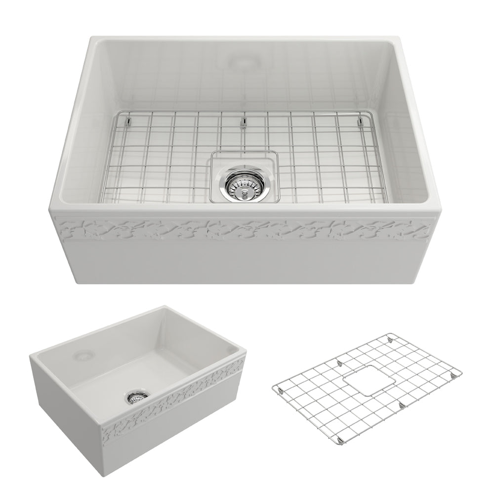 BOCCHI Vigneto 27" Fireclay Farmhouse Apron Single Bowl Kitchen Sink, White, 1357-001-0120