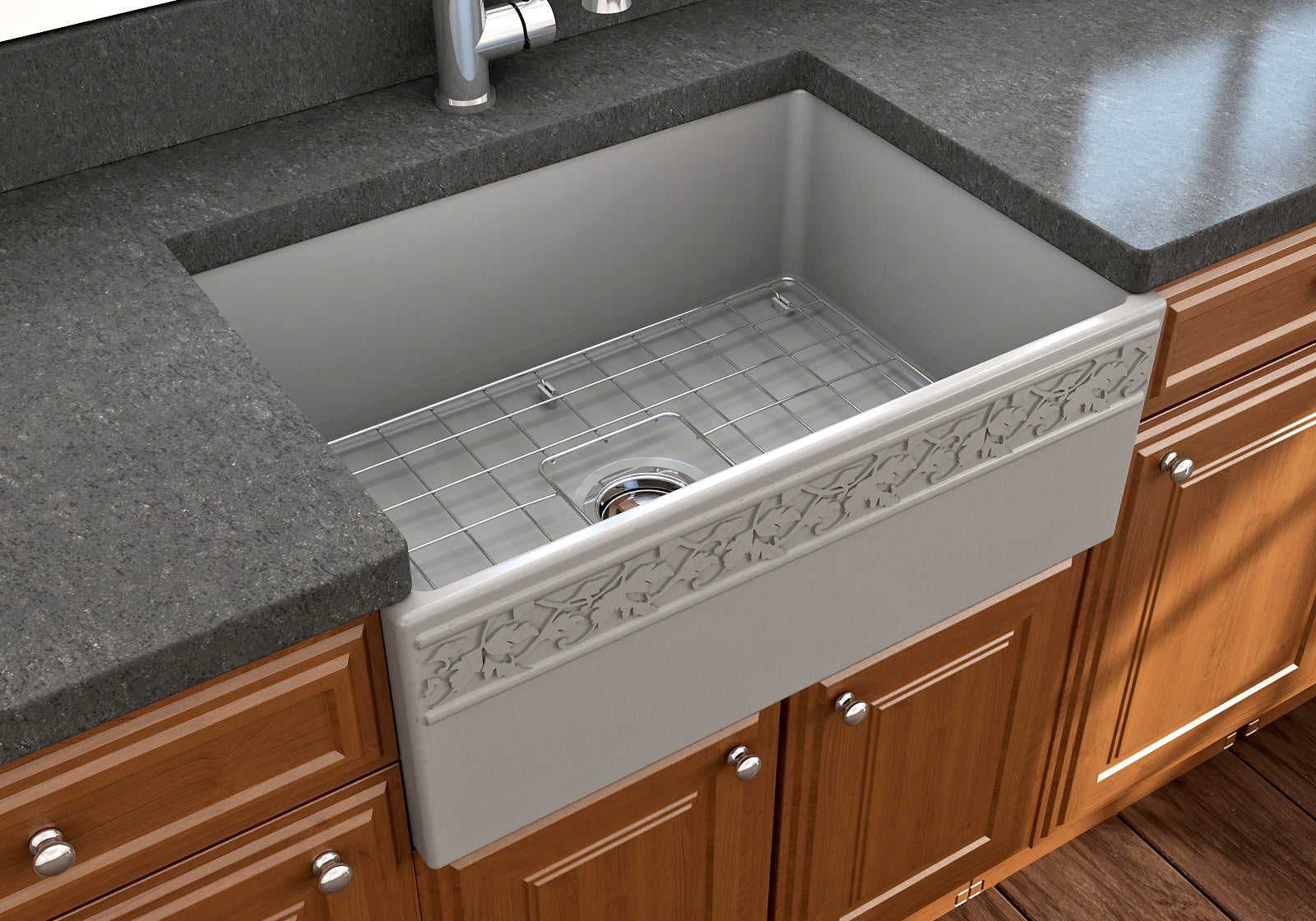BOCCHI Vigneto 27" Fireclay Farmhouse Apron Single Bowl Kitchen Sink, Matte Gray, 1357-006-0120