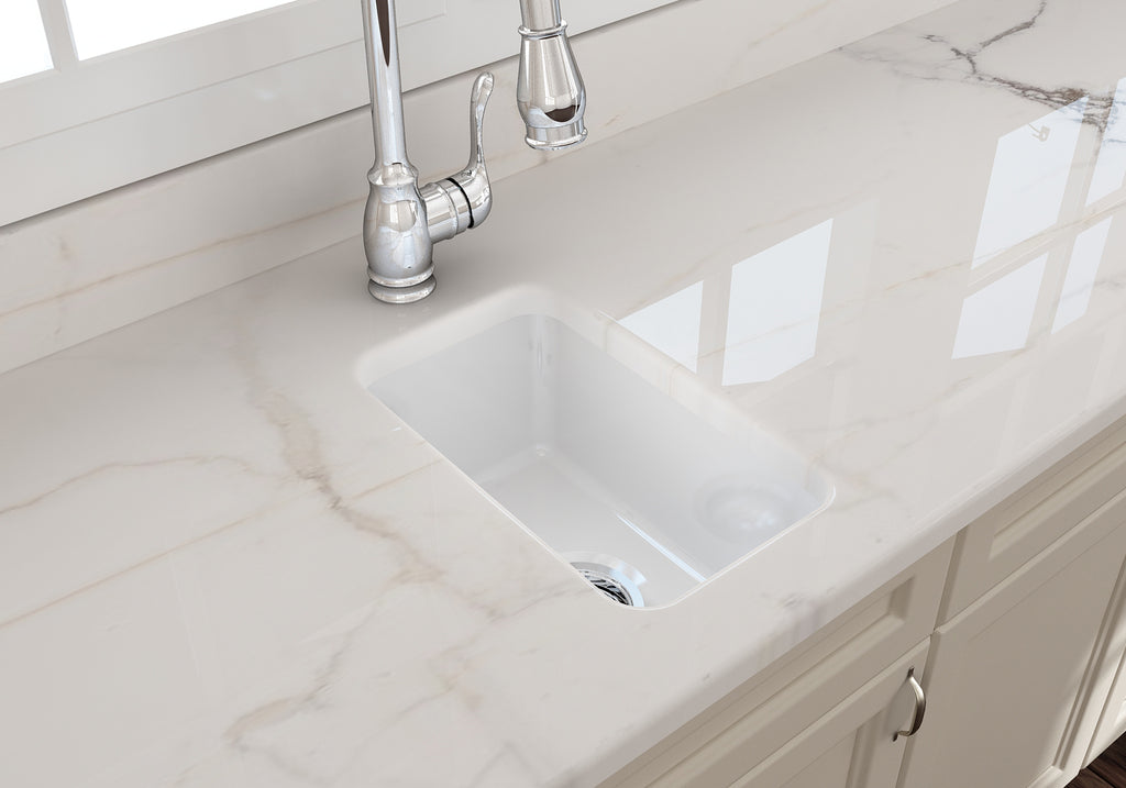 BOCCHI Sotto 12" Fireclay Undermount Single Bowl Bar Sink with Strainer, White, 1358-001-0120